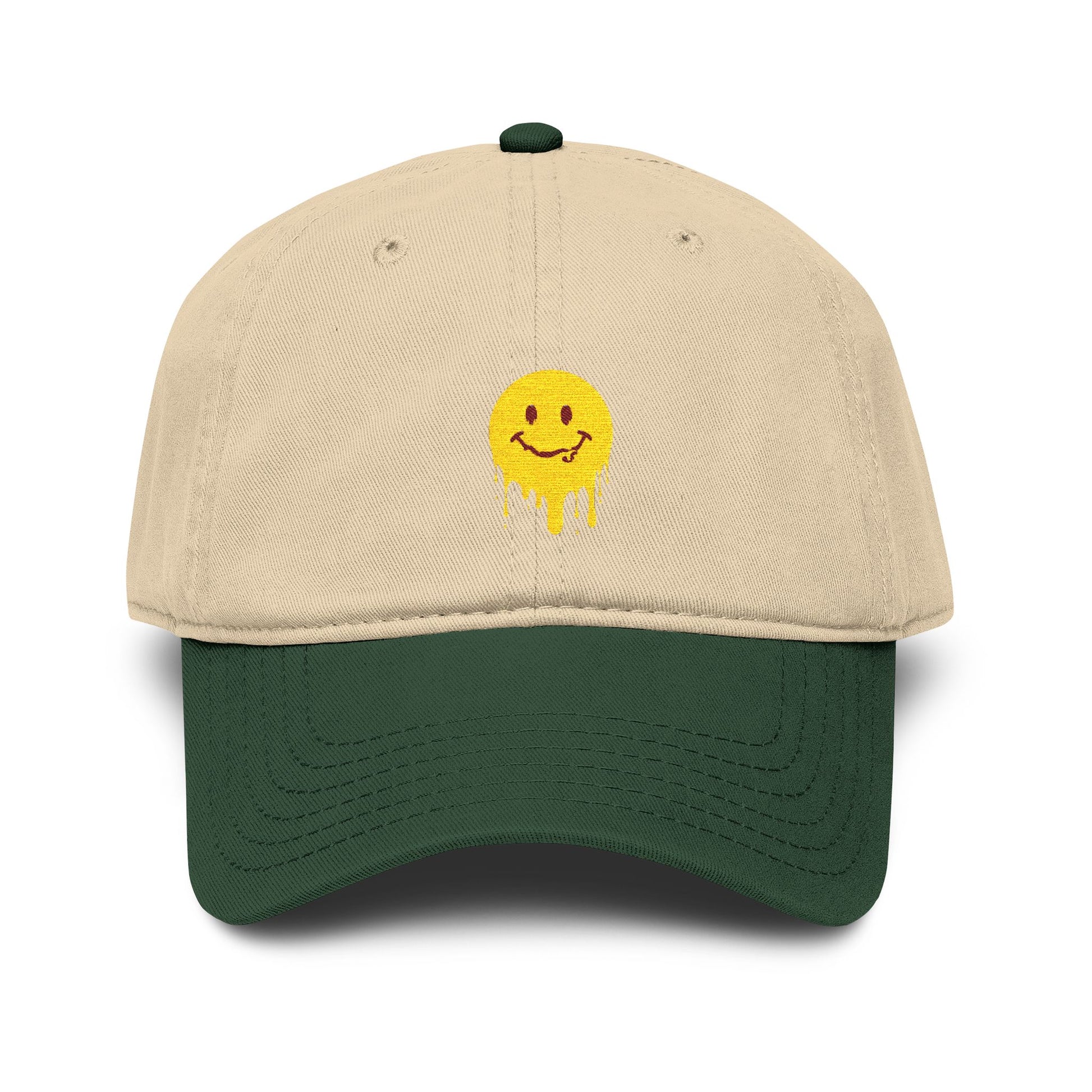 Washed Baseball Cap — Drippy Yellow Smile Embroidered Hat Hats Printify One size Dark Green / Khaki