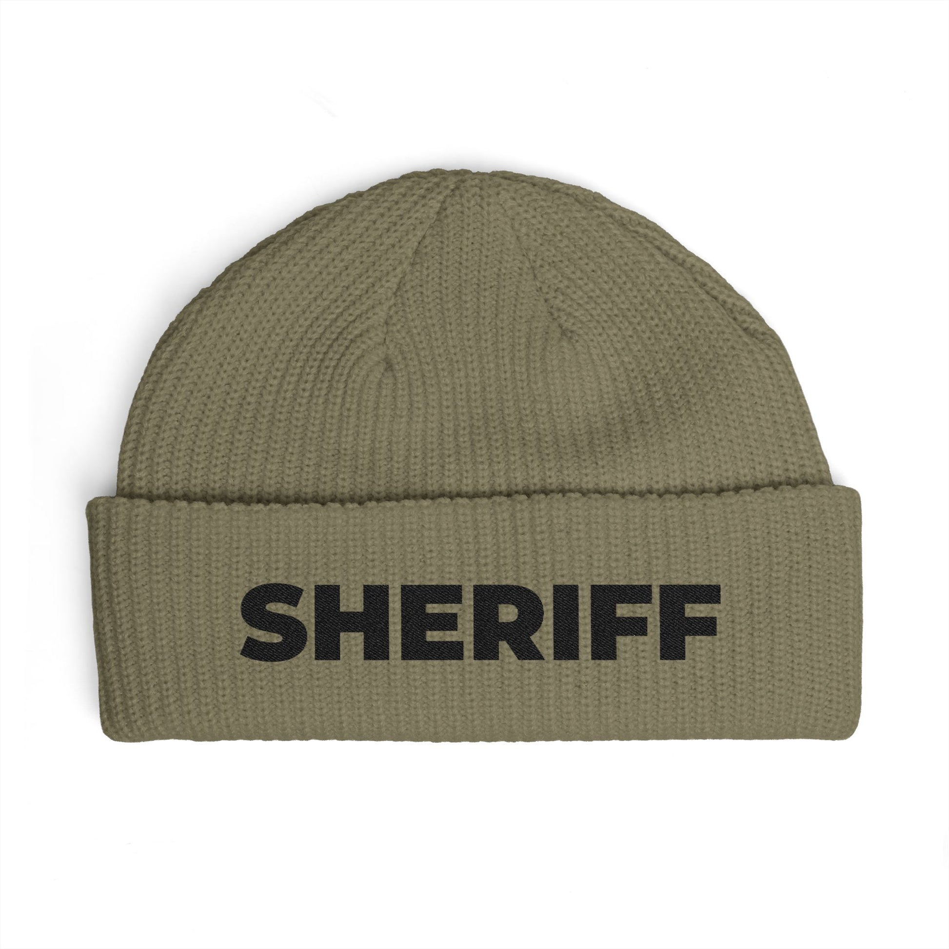 Cuff Beanie - 'SHRIFF' Embroidered Knit Hat (Festive Green-Gold Lettering) Hats Printify One size Eucalyptus