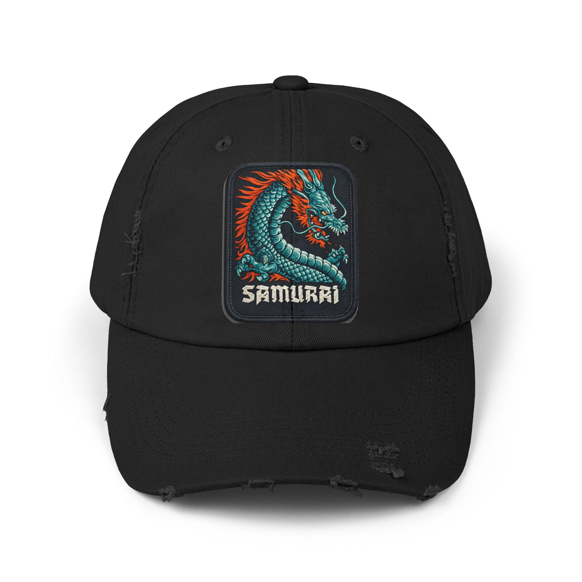Distressed Samurai Dragon Cap — Vintage Retro Japanese Dragon Baseball Hat Hats Printify Black One size
