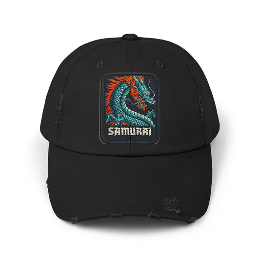 Distressed Samurai Dragon Cap — Vintage Retro Japanese Dragon Baseball Hat Hats Printify Black One size