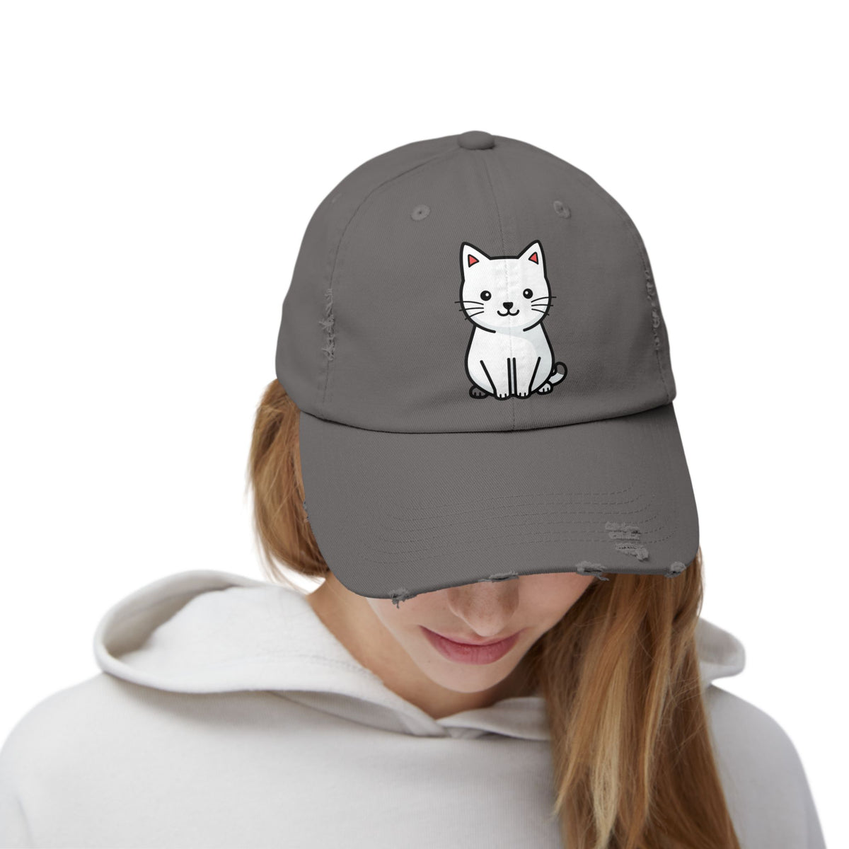 Distressed Black Cap with Cute White Cat Graphic