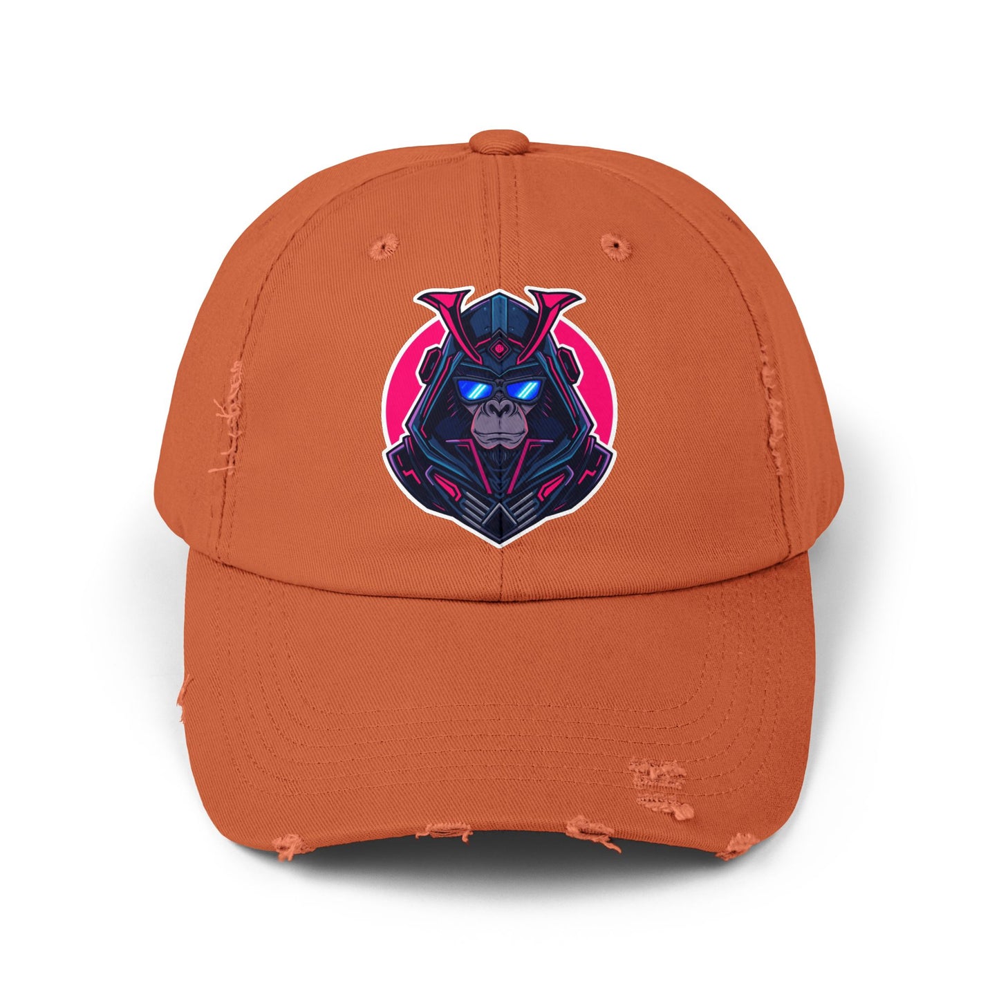 Samurai Skull Distressed Cap — Neon Retro Gamer Hat Hats Printify Burnt Orange One size
