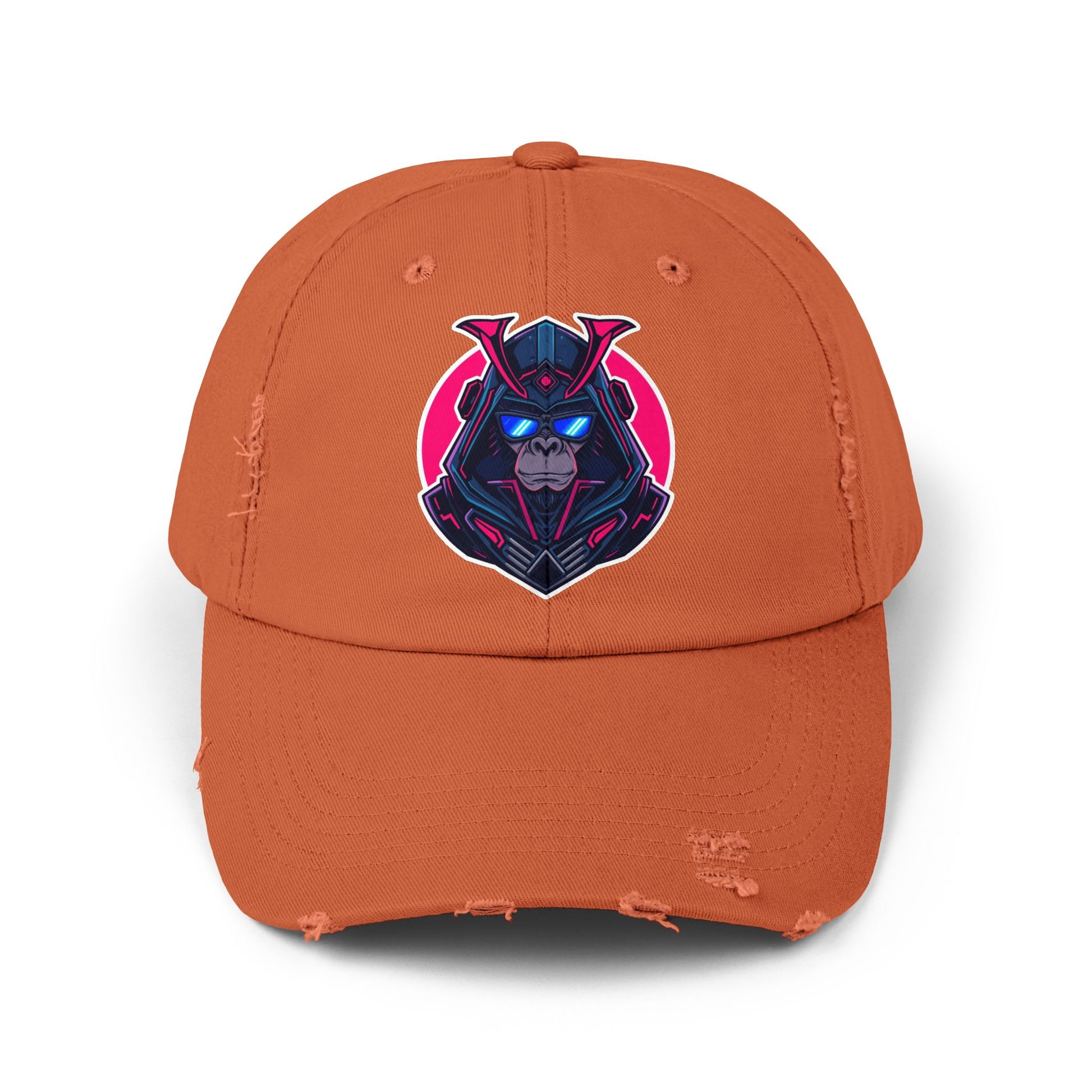 Samurai Skull Distressed Cap — Neon Retro Gamer Hat Hats Printify Burnt Orange One size