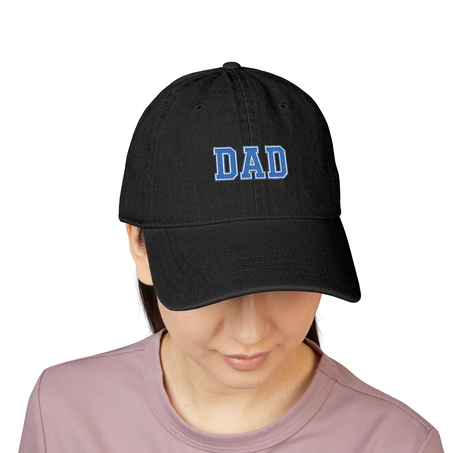 Dad Embroidered Denim Hat — Vintage Varsity Lettering Cap Hats Printify