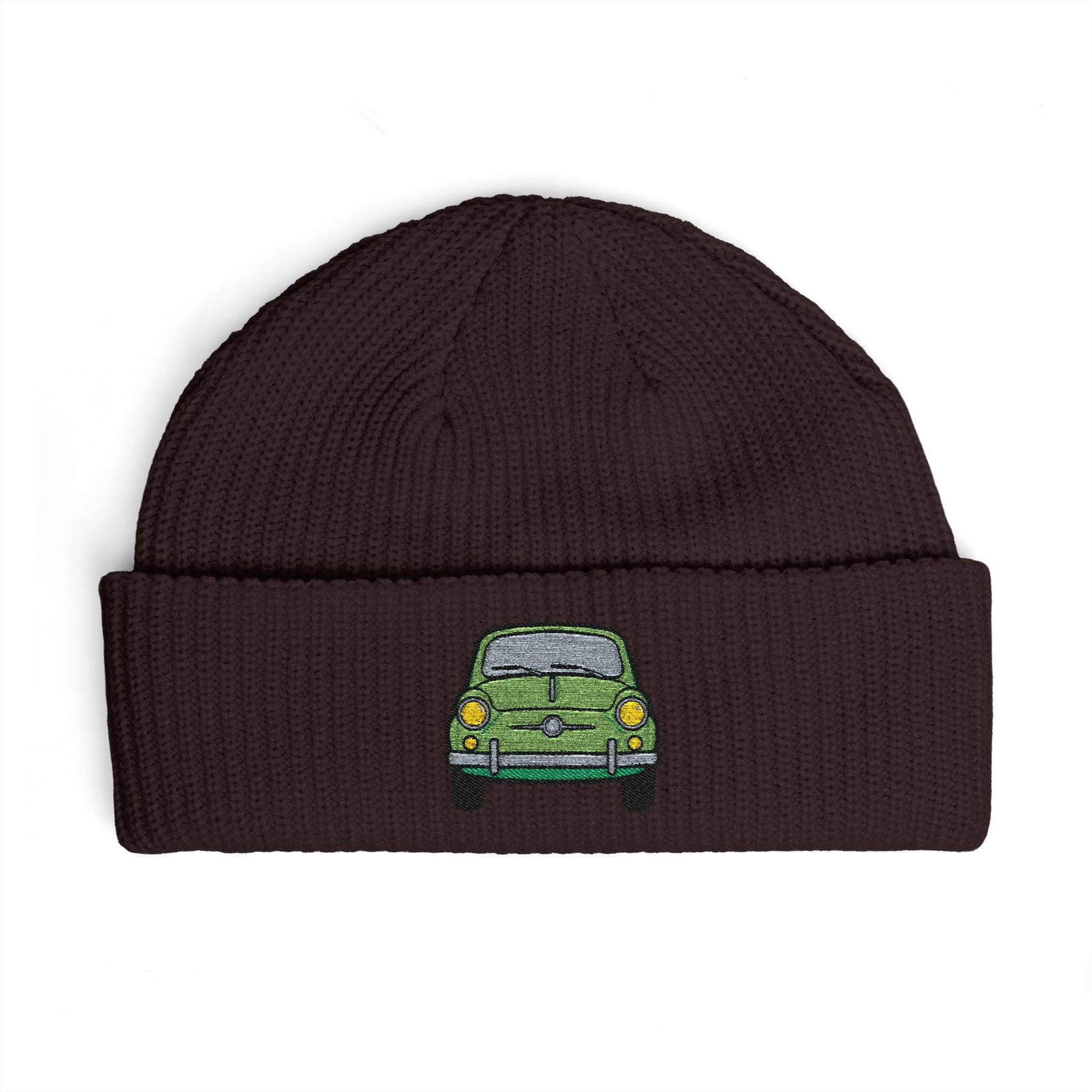 Cuff Beanie — Retro Green Car Embroidered Knit Hat Hats Printify One size Plum