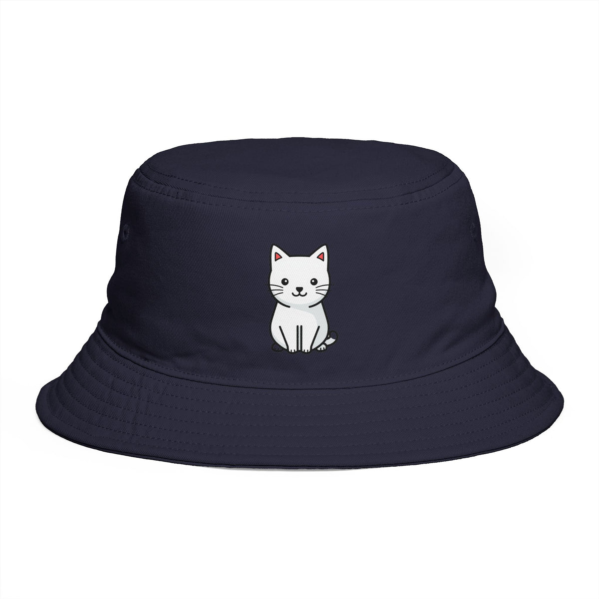 Brown Bucket Hat with Cute White Cat Embroidery — Casual Cat Lover Accessory Hats Printify One size Navy