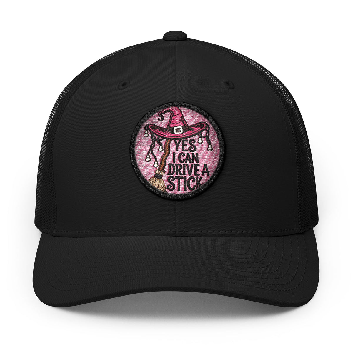 "YES, I Can Drive Stick" Pink Western Hat Patch Snapback Trucker Cap Hats Printify Circle One size Black / White patch