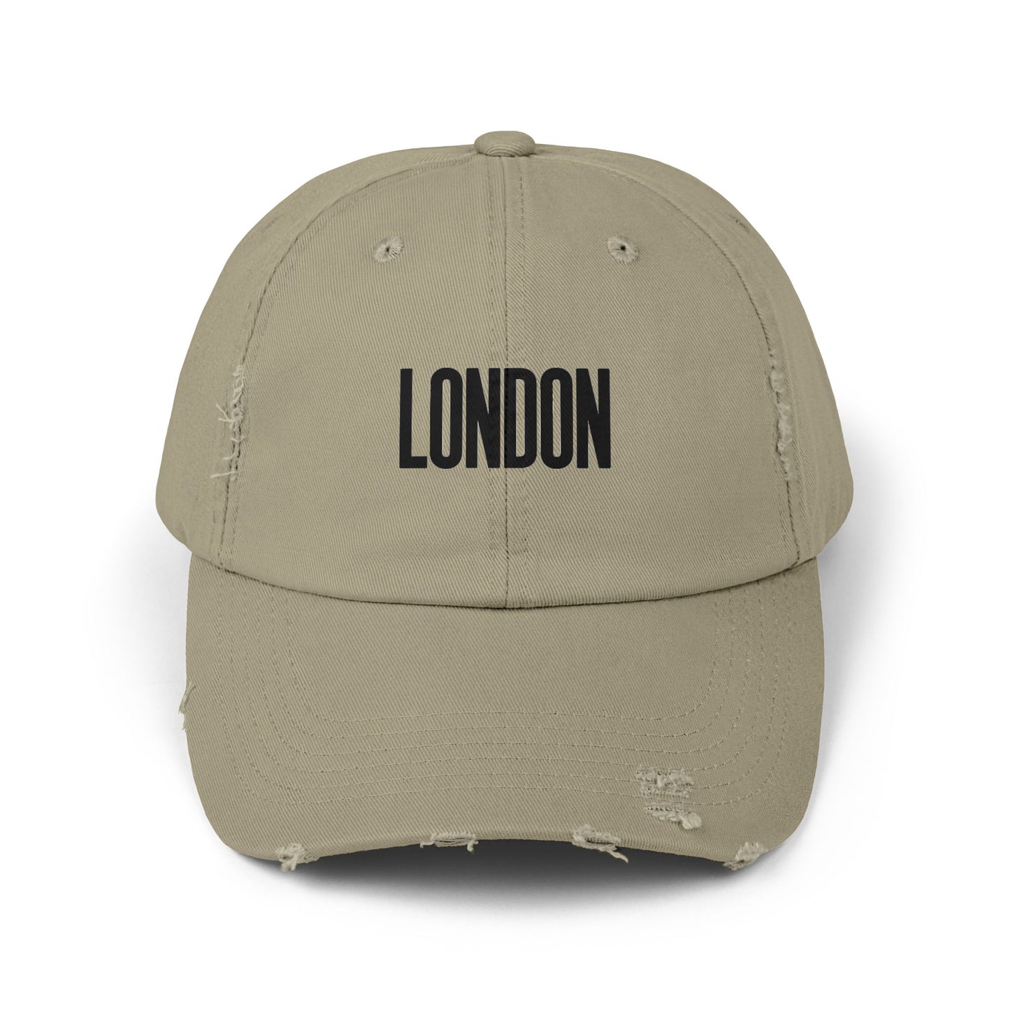 Distressed London Baseball Cap — Vintage Black Embroidered Hat Hats Printify Light Olive One size