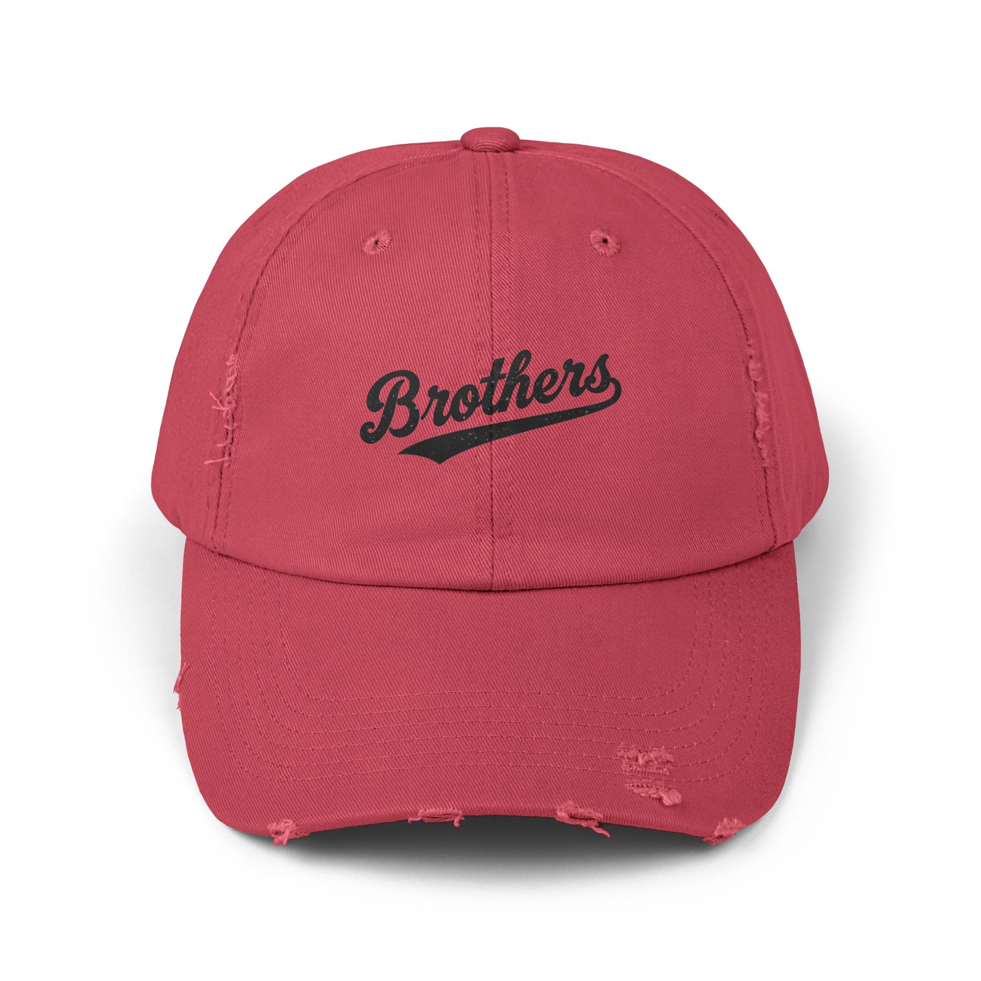 Distressed Baseball Cap — 'Brothers' Embroidered Vintage Dad Hat Hats Printify Dashing Red One size
