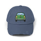 Distressed Cap — Retro Green Car Graphic Hat Hats Printify Scotland Blue One size