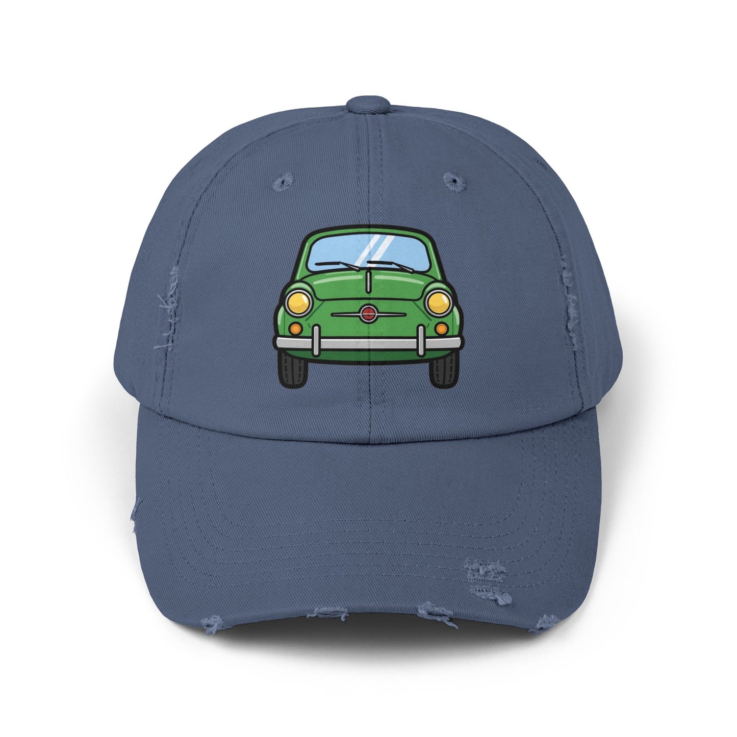 Distressed Cap — Retro Green Car Graphic Hat Hats Printify Scotland Blue One size