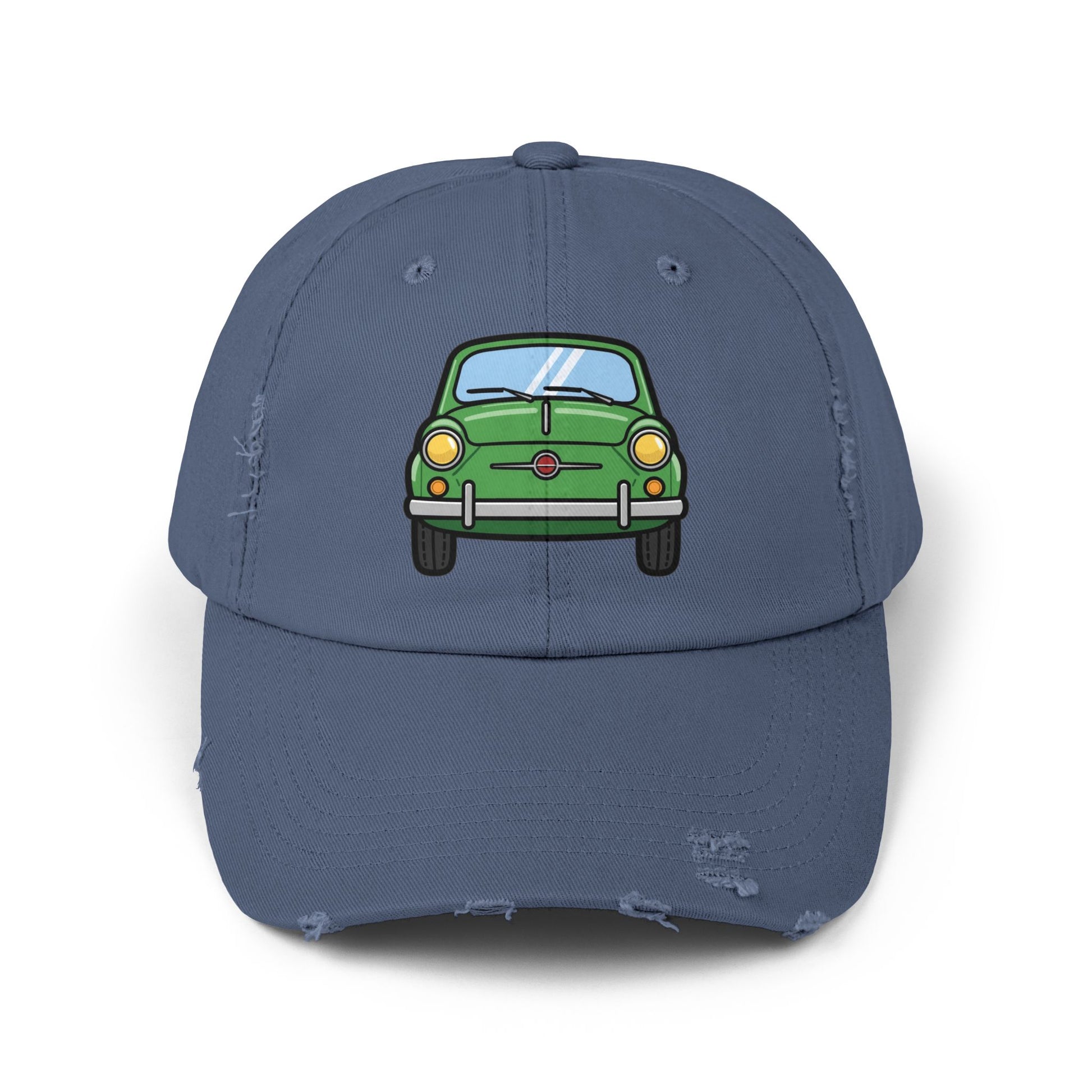 Distressed Cap — Retro Green Car Graphic Hat Hats Printify Scotland Blue One size