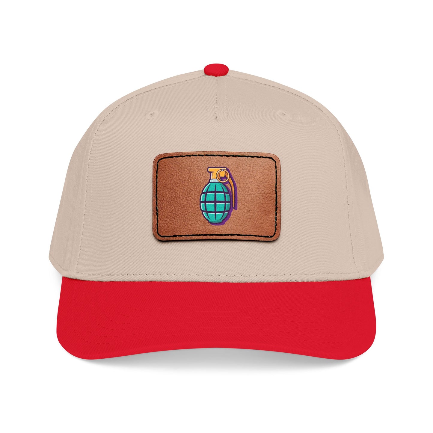 Leather Patch Baseball Cap — Retro Grenade Patch Hat Hats Printify One size Red / Khaki / Light Brown patch Rectangle