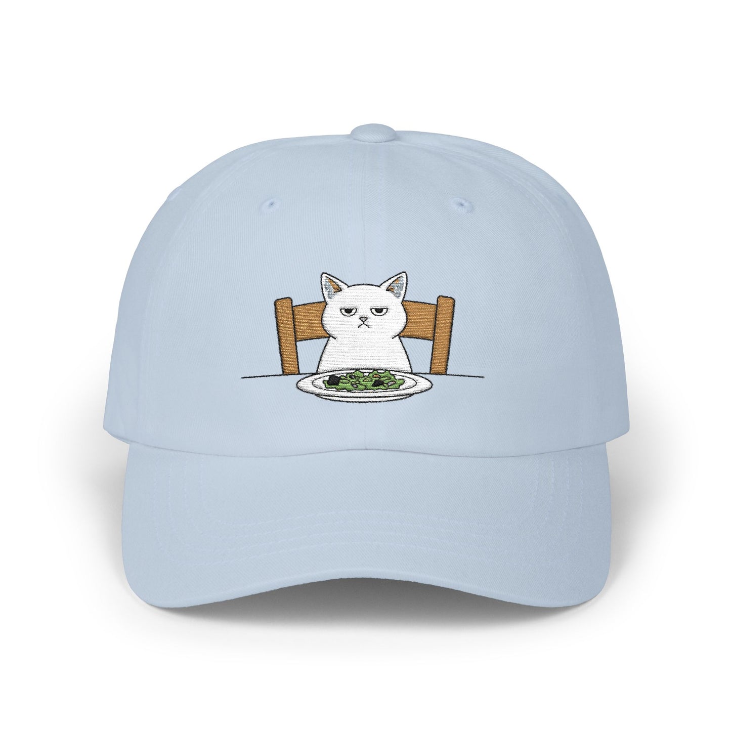 Dad Cap — Grumpy Cat at Dinner Embroidered Hat Hats Printify Light Blue One size