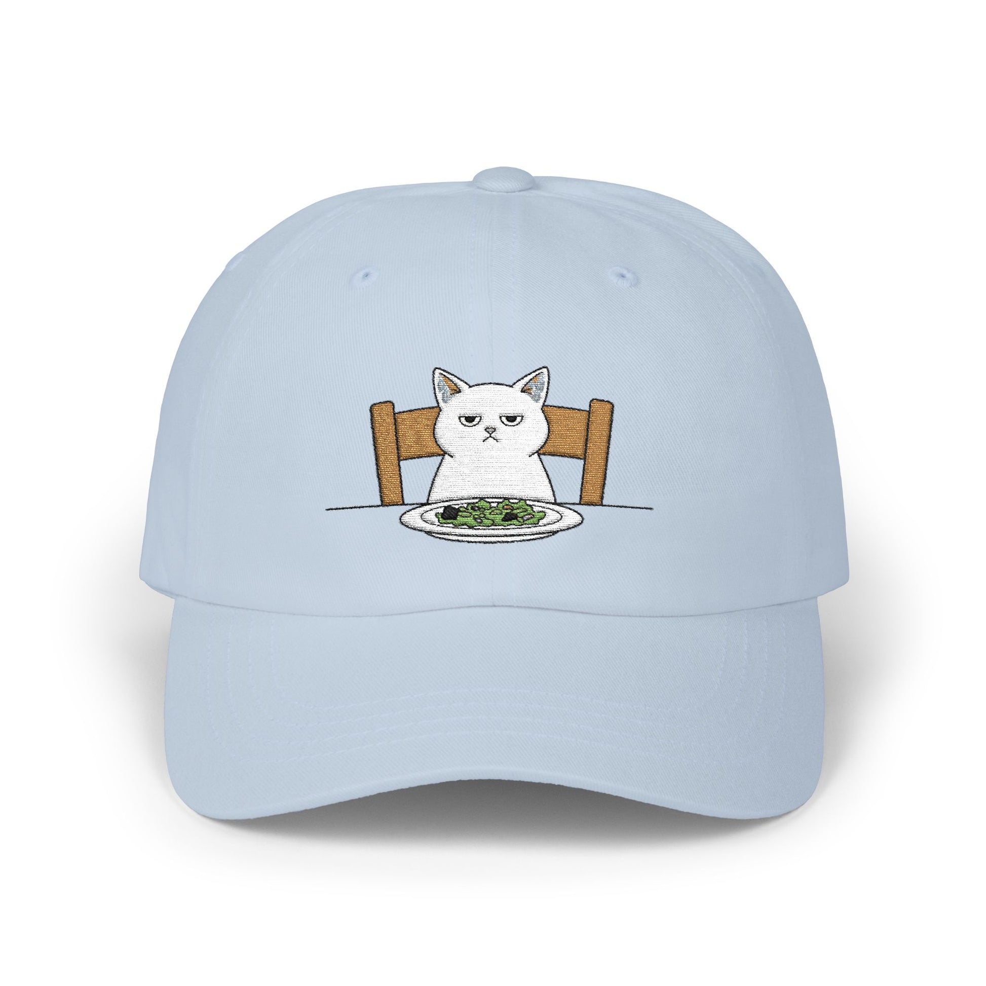Dad Cap — Grumpy Cat at Dinner Embroidered Hat Hats Printify Light Blue One size