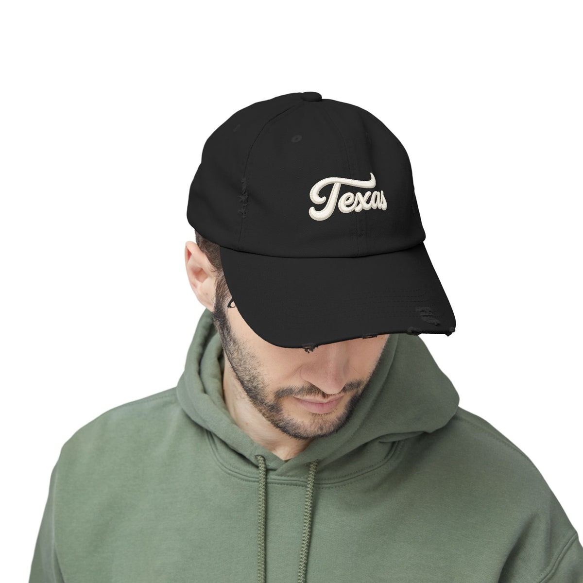 Texas Distressed Baseball Cap — Vintage Script Embroidered Hat Hats Printify