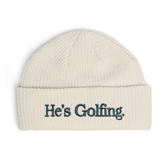 He's Golfing Cuff Beanie — Embroidered Golf Lover Knit Hat Hats Printify One size Ecru