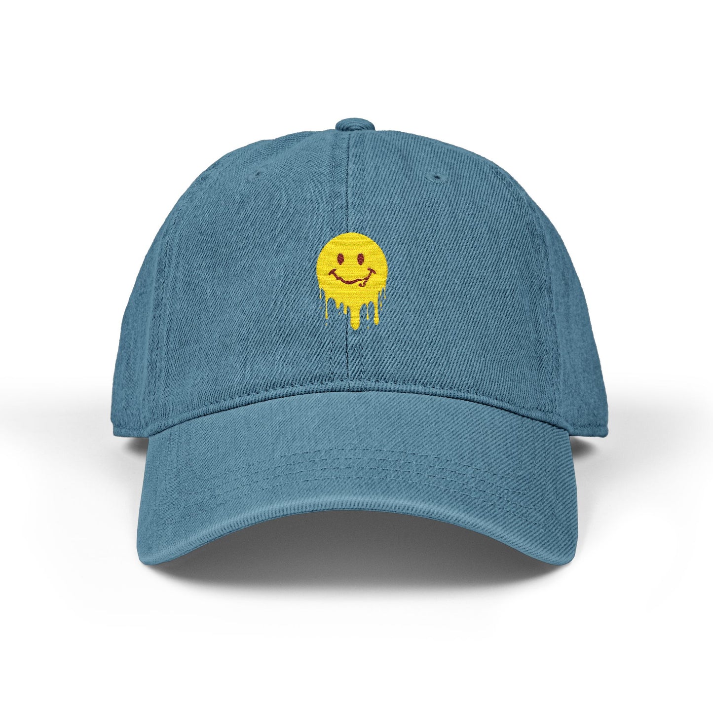 Embroidered Drip Smiley Denim Hat — Yellow Melting Smilecap Hats Printify One size Blue