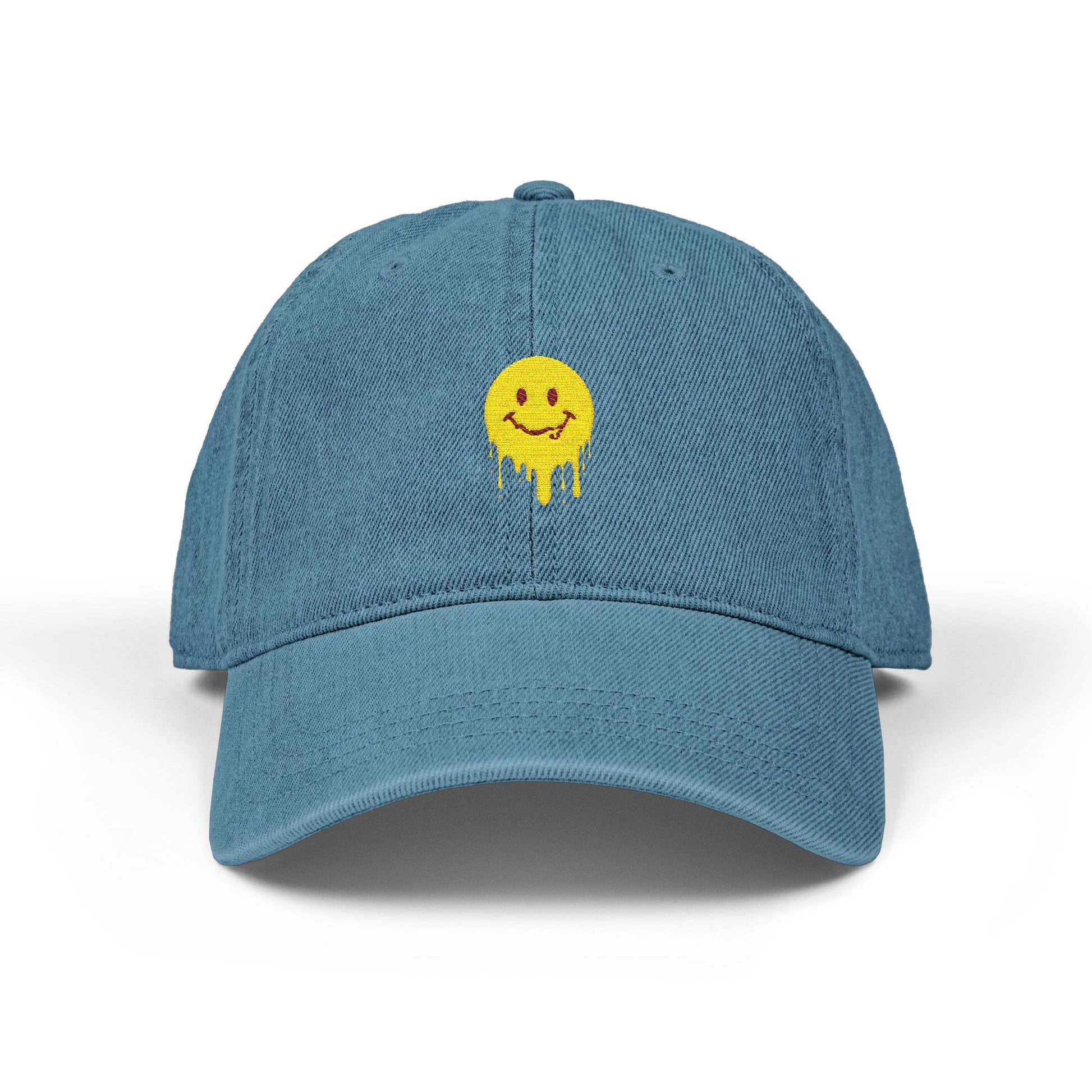 Embroidered Drip Smiley Denim Hat — Yellow Melting Smilecap Hats Printify One size Blue