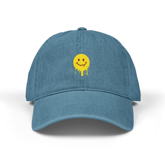 Embroidered Drip Smiley Denim Hat — Yellow Melting Smilecap Hats Printify One size Blue
