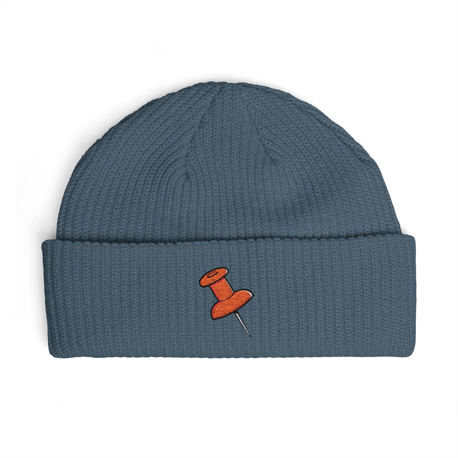 Cuff Beanie with Orange Pushpin Embroidery – Casual Streetwear Knit Hat Hats Printify One size Petrol Blue