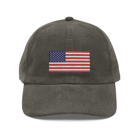 Vintage Corduroy Cap — Embroidered American Flag Dad Hat Hats Printify Olive One size