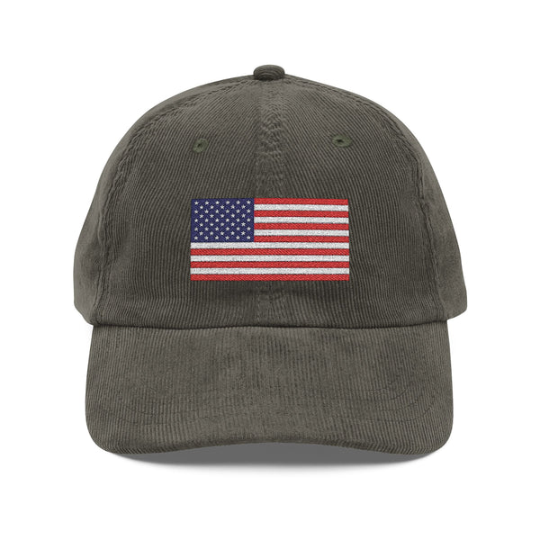 Vintage Corduroy Cap — Embroidered American Flag Dad Hat Hats Printify Olive One size