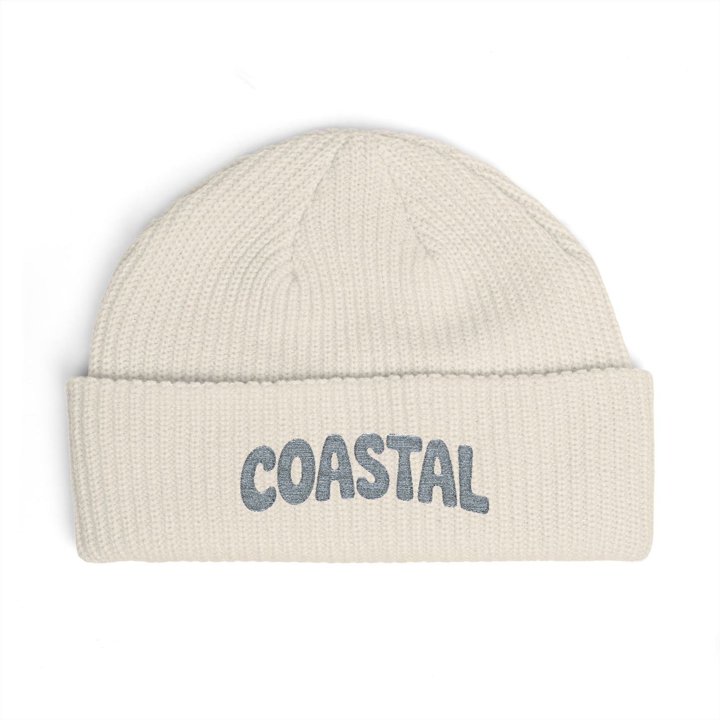 Coastal Cuff Beanie — Knit Winter Hat with 'COASTAL' Embroidered Seaglass Script Hats Printify One size Ecru