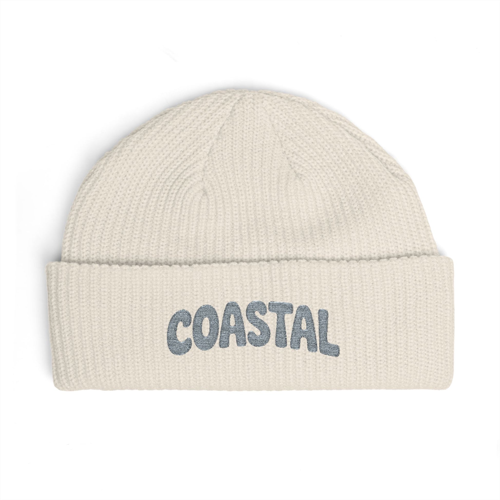 Coastal Cuff Beanie — Knit Winter Hat with 'COASTAL' Embroidered Seaglass Script Hats Printify One size Ecru