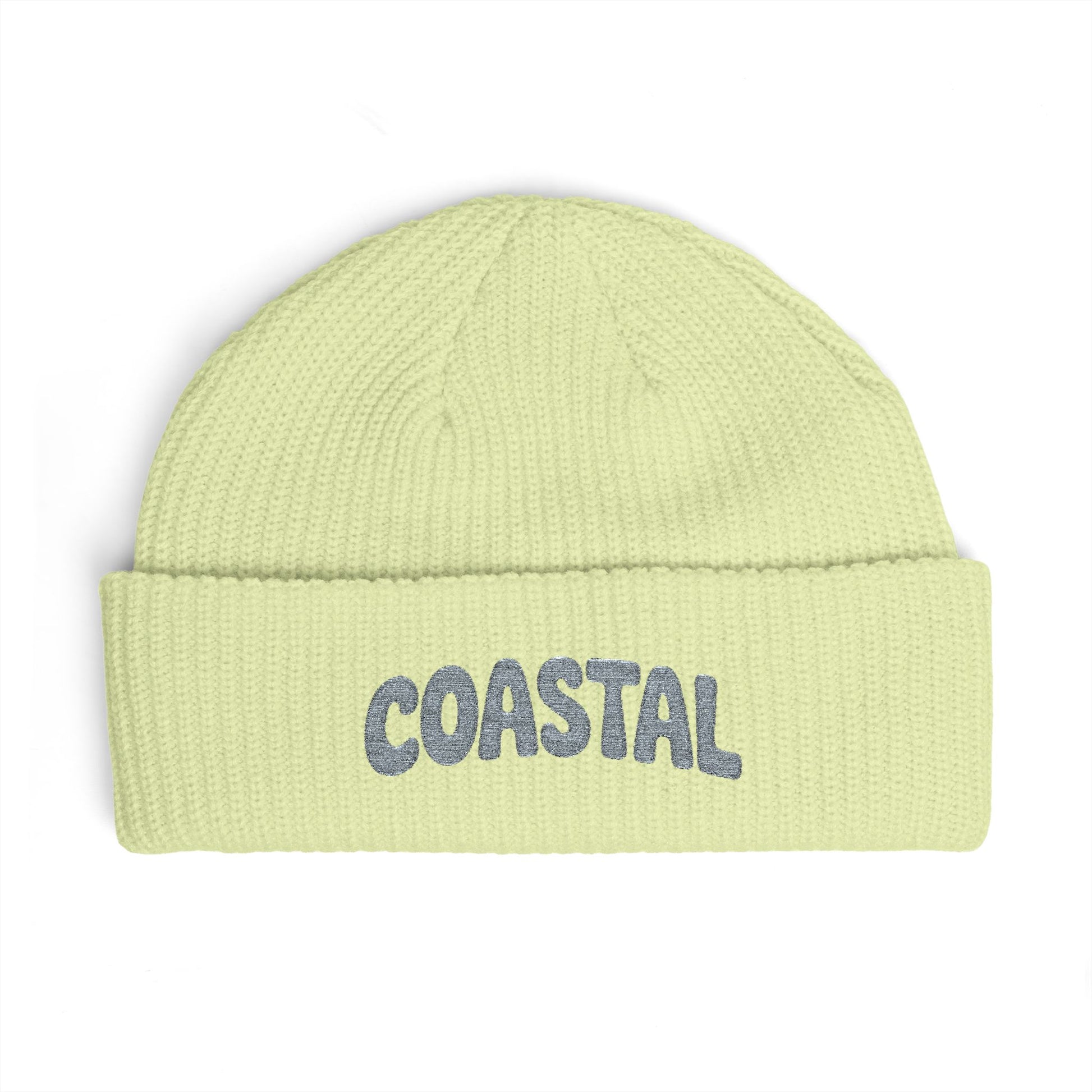 Coastal Cuff Beanie — Knit Winter Hat with 'COASTAL' Embroidered Seaglass Script Hats Printify