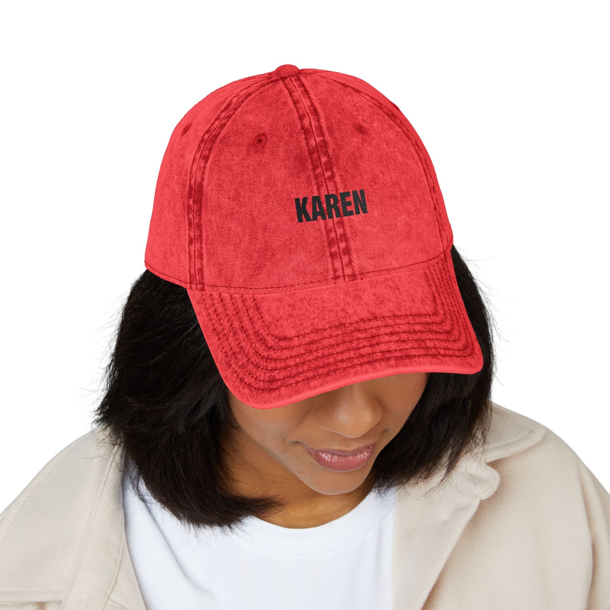 Embroidered 'KAREN' Vintage Baseball Cap - Distressed Red Dad Hat Hats Printify