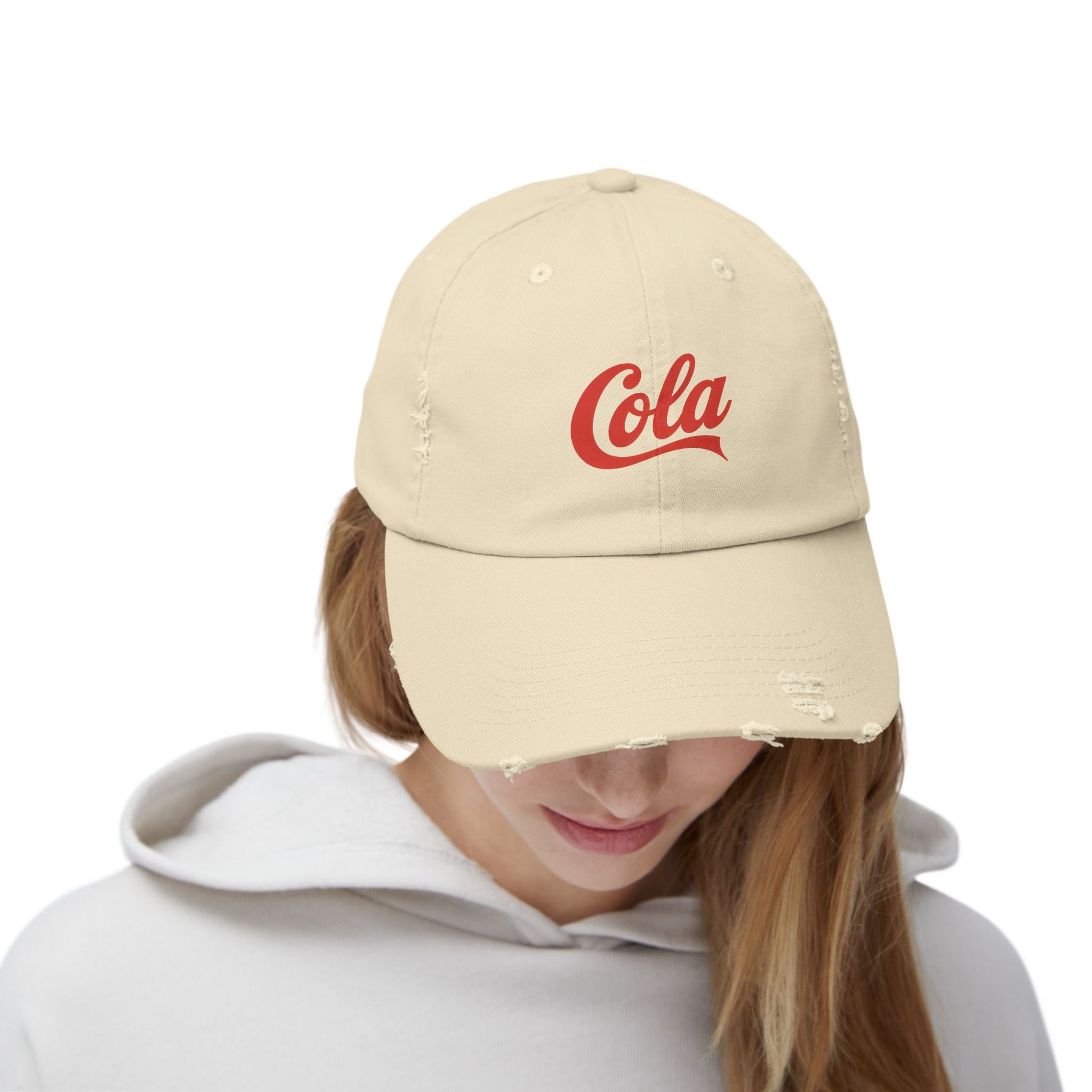 Distressed 'Cola' Vintage Baseball Cap – Retro Script Logo Hat Hats Printify