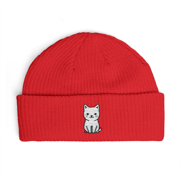 Embroidered Kitten Cuff Beanie Hats Printify One size Red