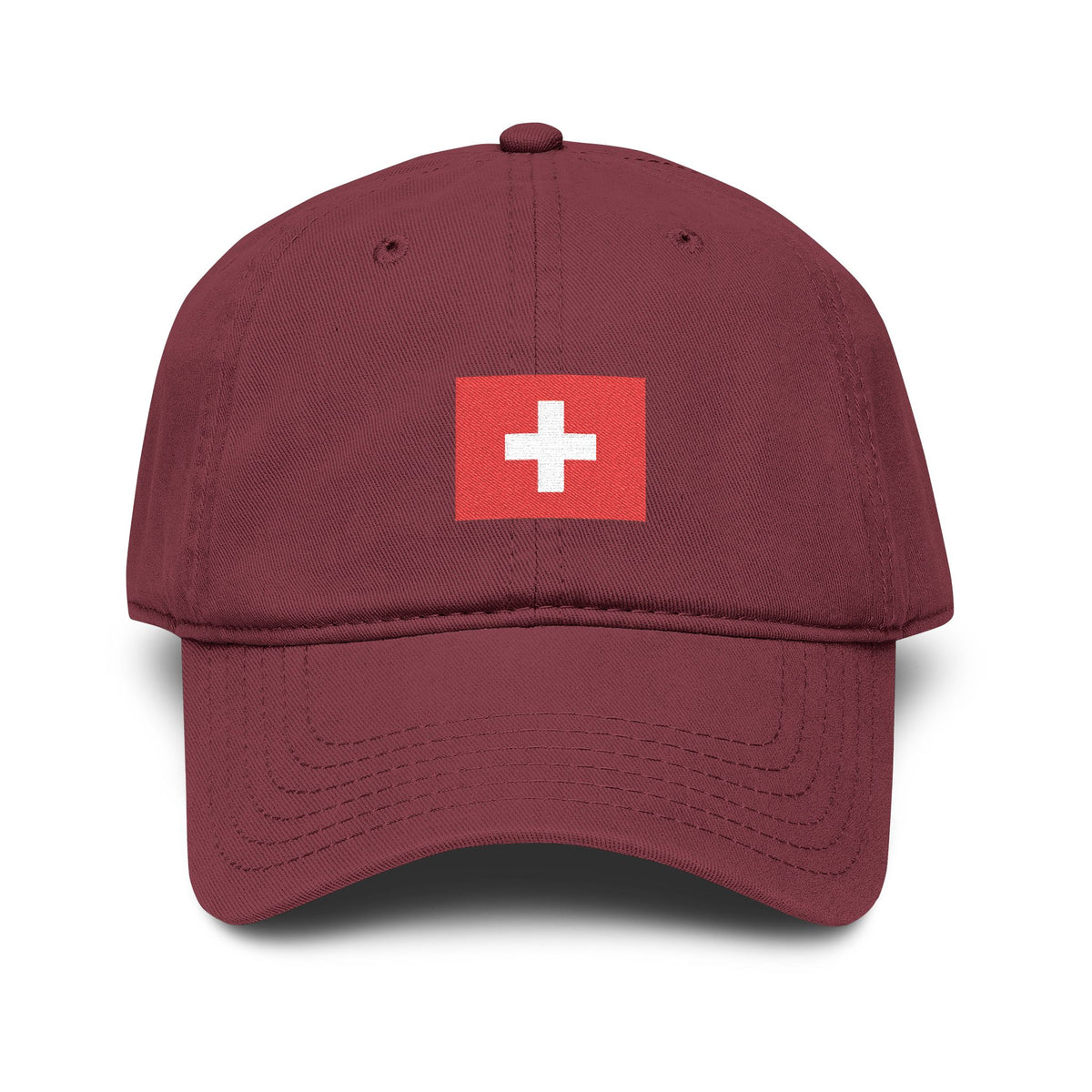 Swiss Cross Washed Baseball Cap - Embroidered Red Flag Logo Hats Printify One size Maroon