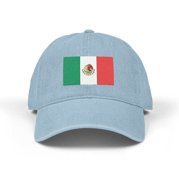 Embroidered Mexican Flag Denim Hat — Adjustable Trucker Cap Hats Printify One size Light Blue