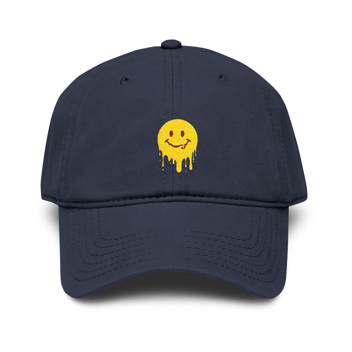 Washed Baseball Cap — Drippy Yellow Smile Embroidered Hat Hats Printify One size Navy