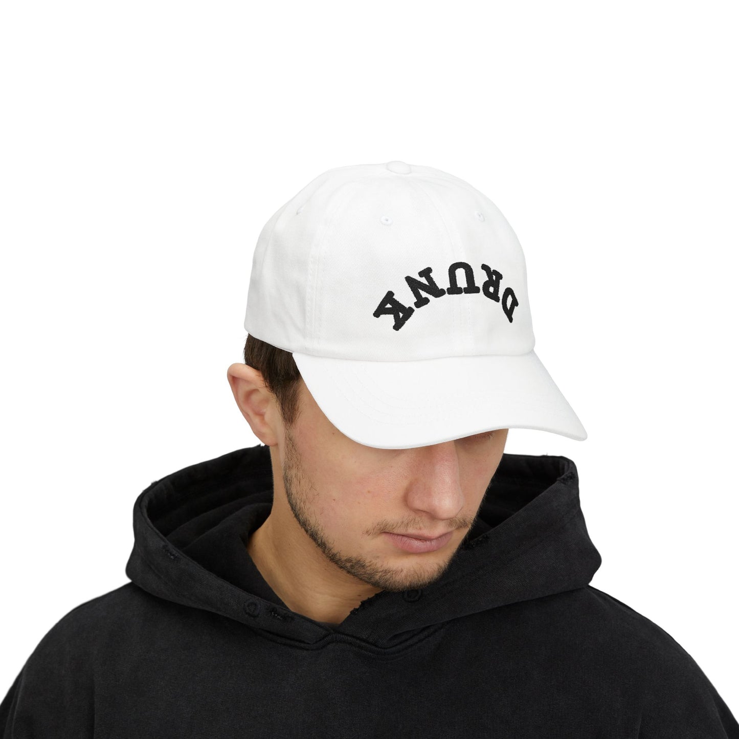Dad Cap – 'DRUNK' Arch Embroidered White Baseball Hat
