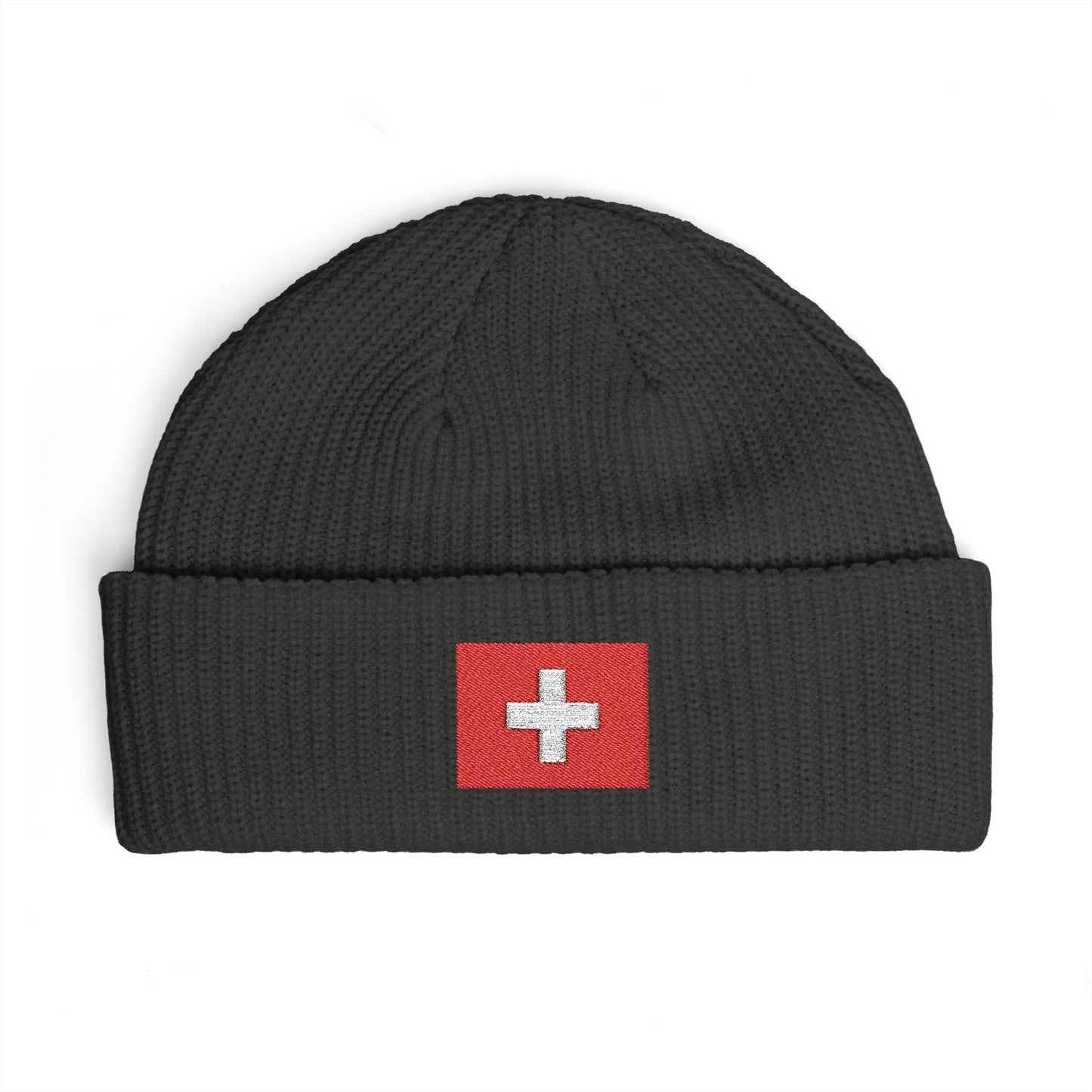 Swiss Cross Cuff Beanie — Embroidered Red Flag Patch Winter Hat Hats Printify One size Coal