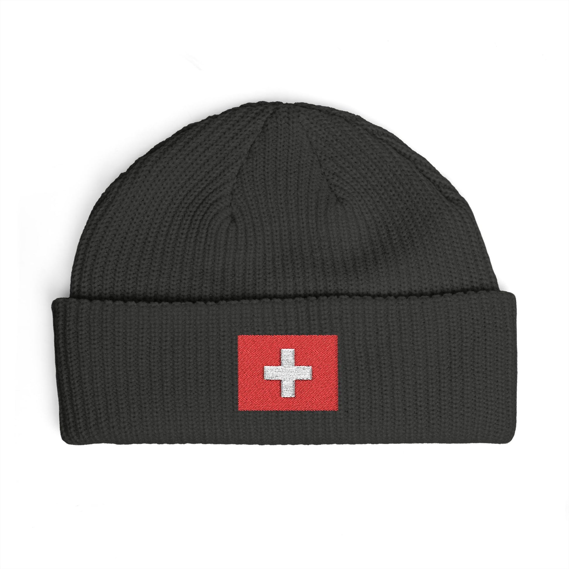 Swiss Cross Cuff Beanie — Embroidered Red Flag Patch Winter Hat Hats Printify One size Coal