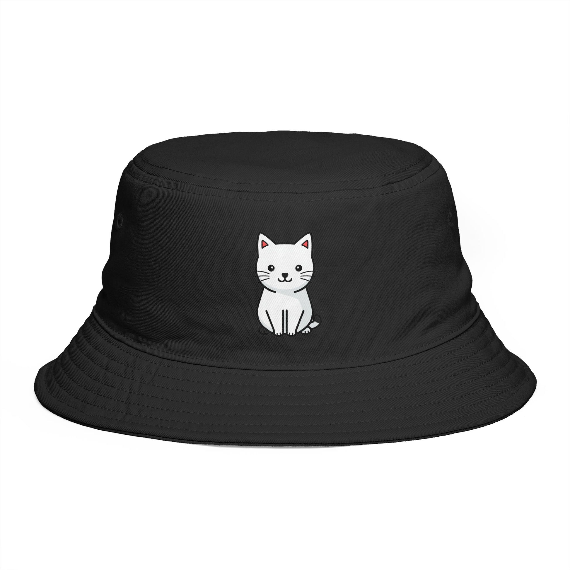 Brown Bucket Hat with Cute White Cat Embroidery — Casual Cat Lover Accessory Hats Printify One size Black