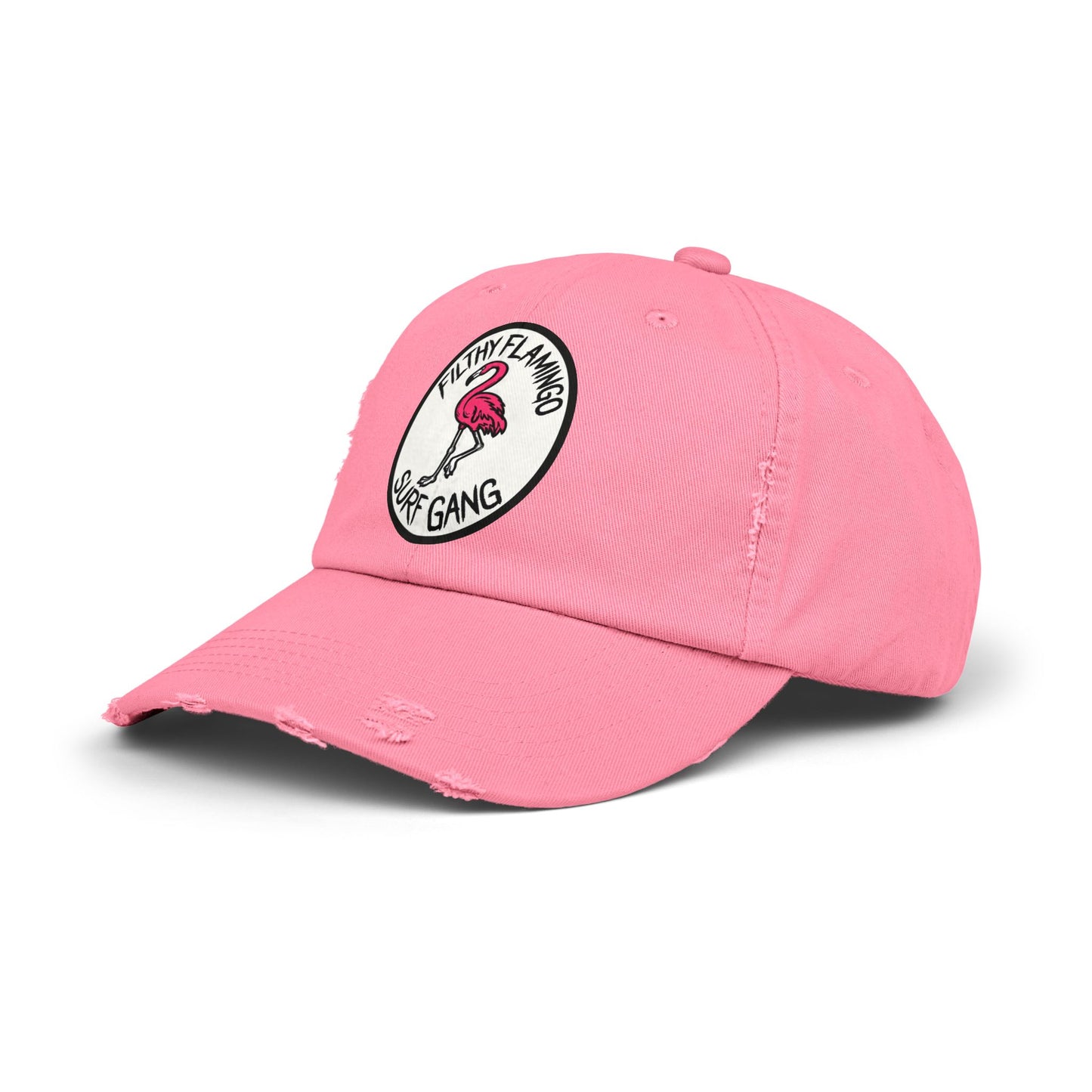 Distressed Surf Cap — "Filthy Flamingo Surf Gang" Embroidered Patch Hat Hats Printify True Pink One size