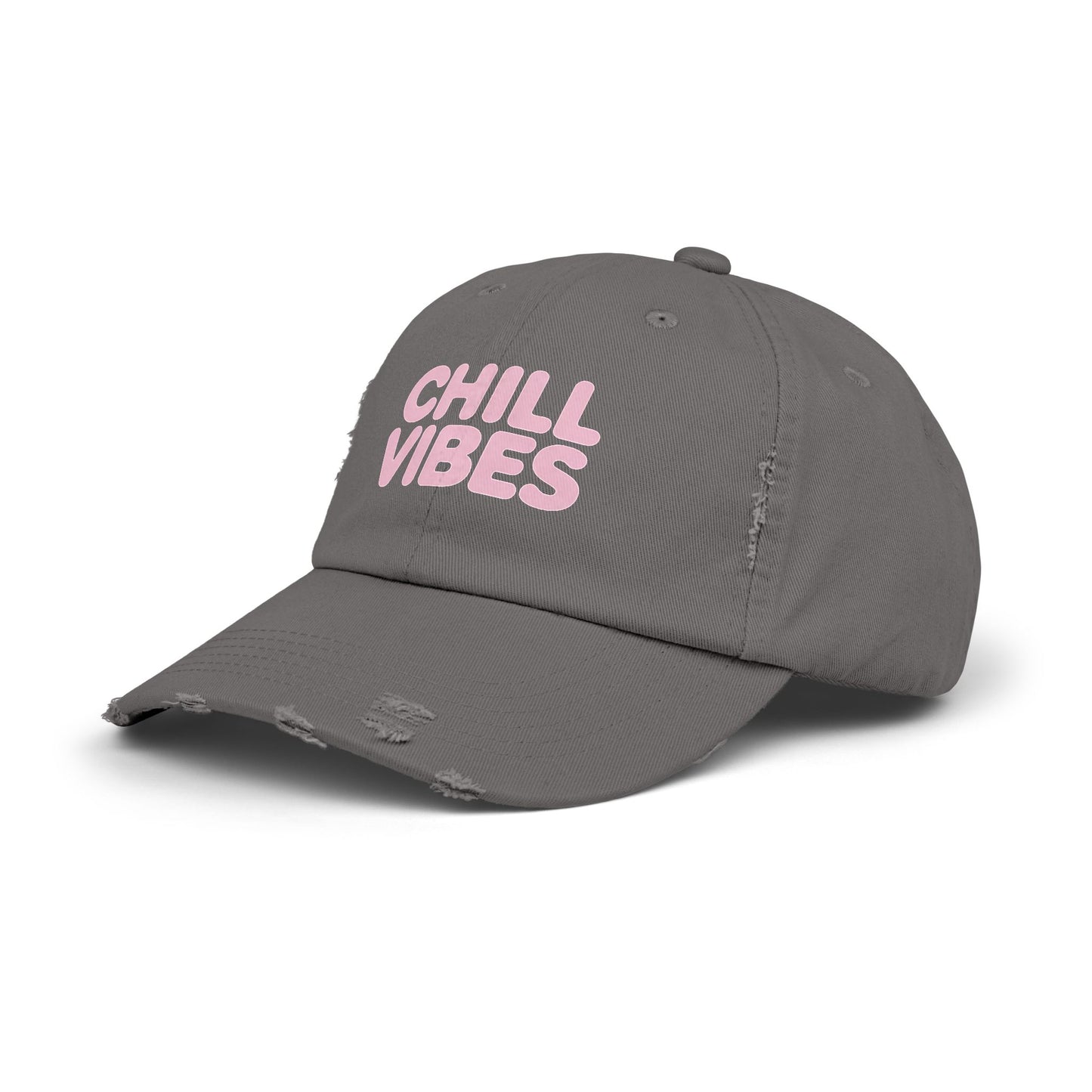 Chill Vibes Distressed Cap — Pink Text Casual Baseball Hat