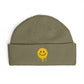 Dripping Smiley Cuff Beanie — Cozy Knit Hat with Yellow Drip Emoji Embroidery Hats Printify One size Eucalyptus