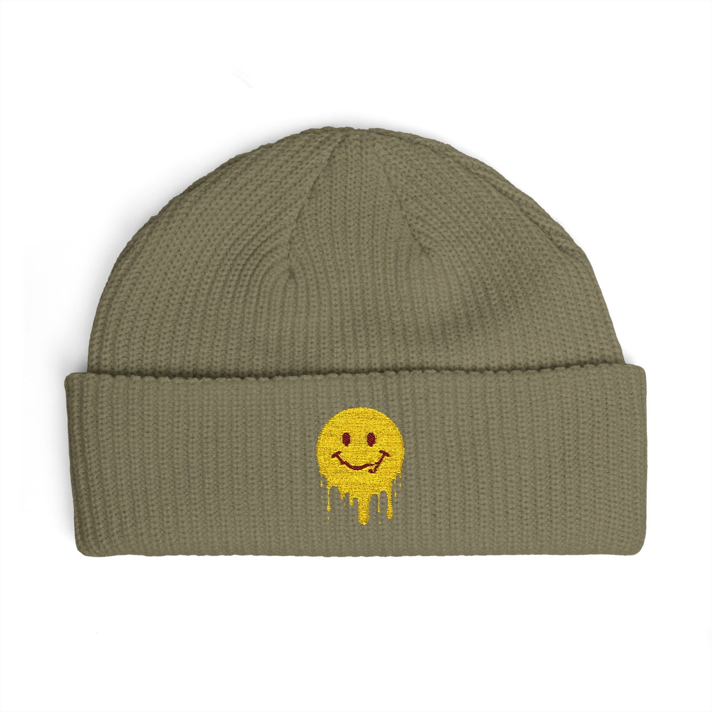 Dripping Smiley Cuff Beanie — Cozy Knit Hat with Yellow Drip Emoji Embroidery Hats Printify One size Eucalyptus