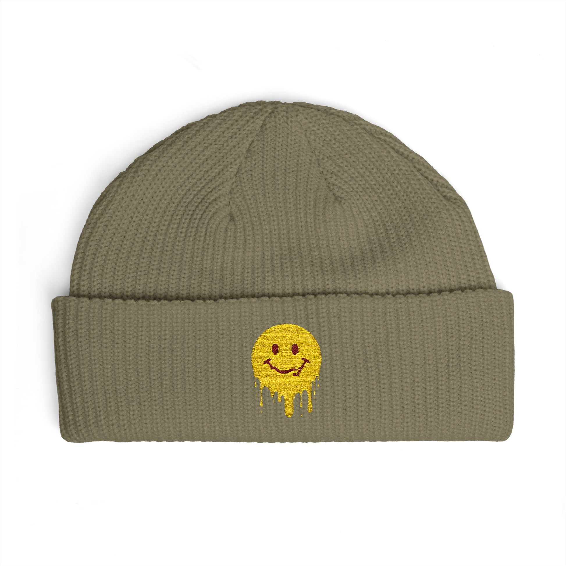 Dripping Smiley Cuff Beanie — Cozy Knit Hat with Yellow Drip Emoji Embroidery Hats Printify One size Eucalyptus
