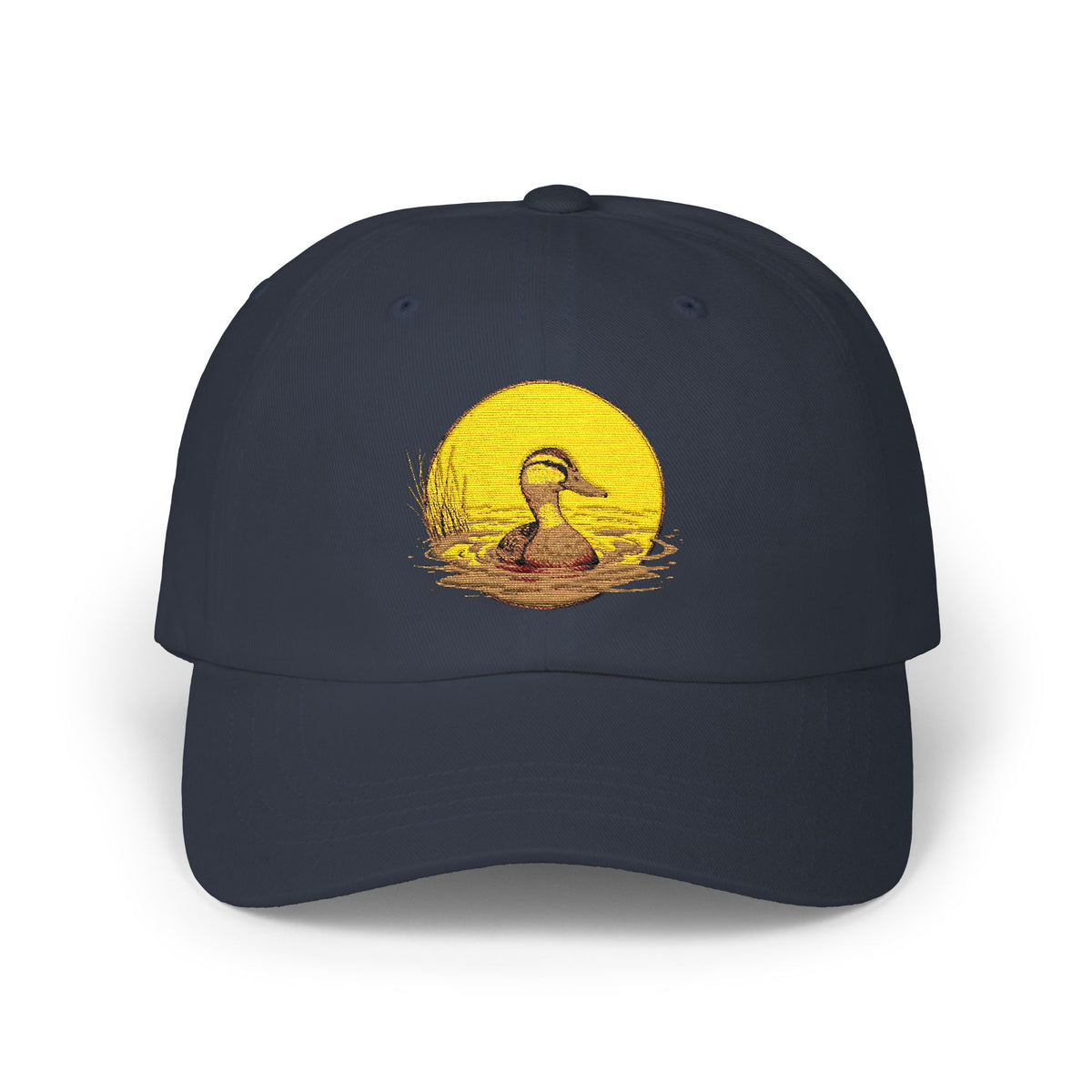 Duck Sunset Dad Cap — Embroidered Duck on Yellow Sun Baseball Hat Hats Printify Navy One size