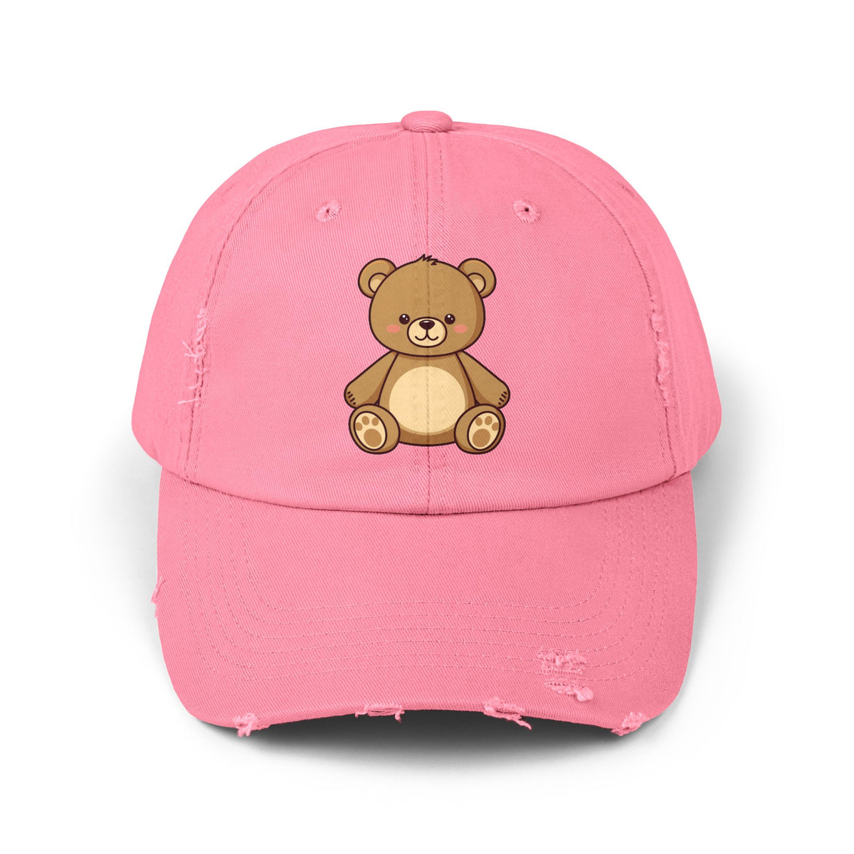 Teddy Bear Distressed Cap — Cute Retro Plush Hat for Casual Wear Hats Printify True Pink One size