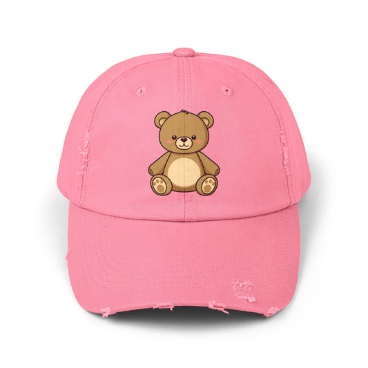 Teddy Bear Distressed Cap — Cute Retro Plush Hat for Casual Wear Hats Printify True Pink One size