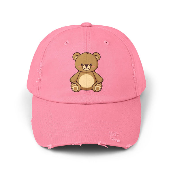 Teddy Bear Distressed Cap — Cute Retro Plush Hat for Casual Wear Hats Printify True Pink One size