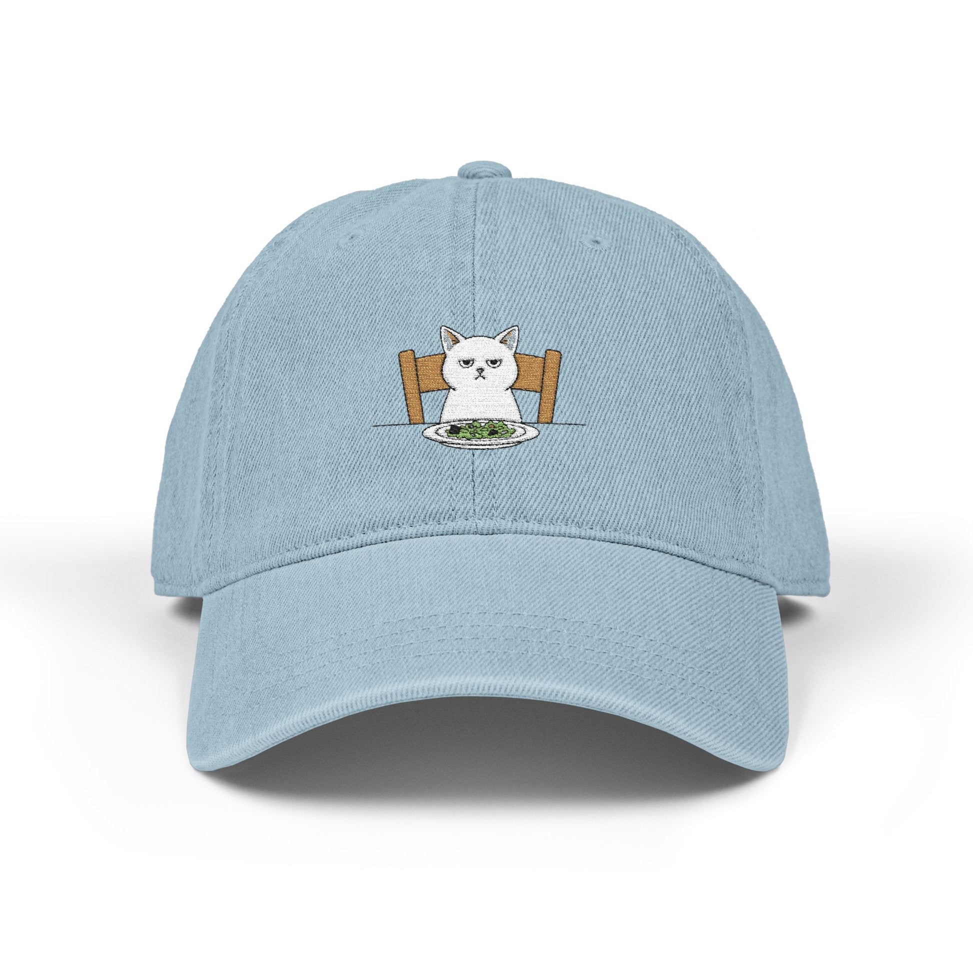 Embroidered Cat at Dinner Denim Hat Hats Printify One size Light Blue